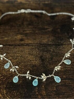 Delicate Sterling Silver Necklace with Chalcedony Blue Teardrops